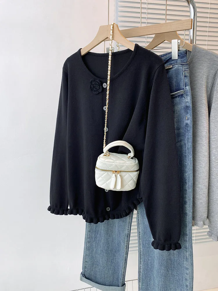 حجم كبير المرأة محبوك بلوزة فضفاضة مع انتفض تنحنح ثلاثية الأبعاد زهرة تصميم الخريف الشتاء معطف شتاء للأخوات طبطب #2