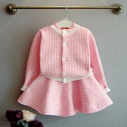 2024 Autumn Little Girl Pink Plaid Sweater Sets Winter Kids Korean Style Casual Cardigan Sweater Baby Girl Toddler Clothing