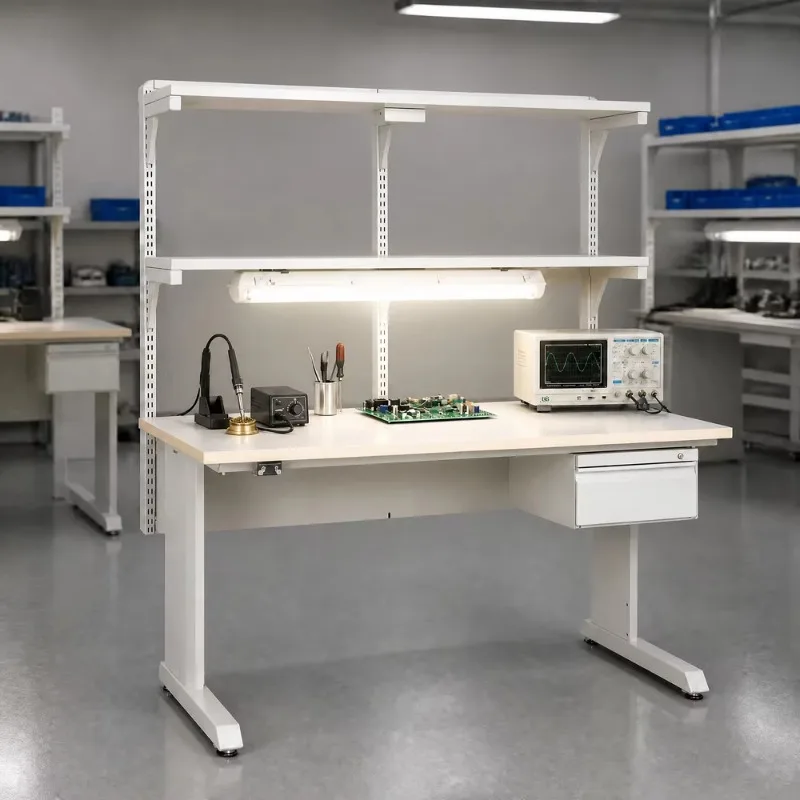 wholesale Heavy-Duty ESD Workbench for Electronics Assembly Anti-Static Steel Workstation with LED Lighting and Overhead Shelves