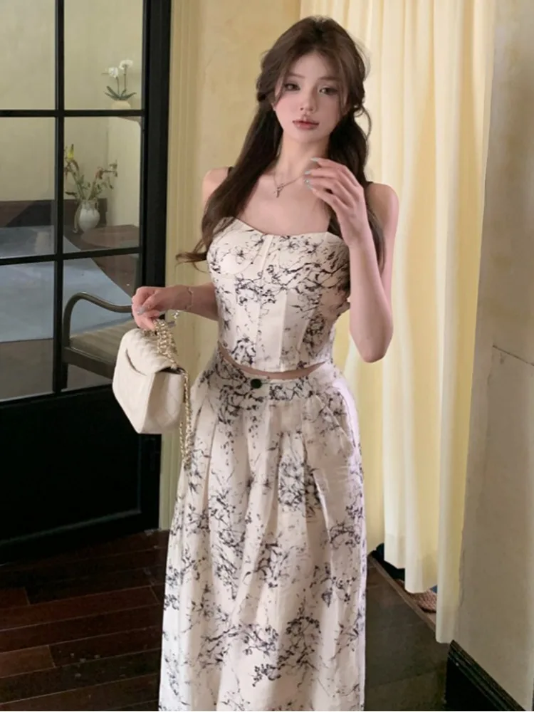 

Женский сексуальный топ без рукавов и широкие брюки, модный комплект из двух предметов, комплект из двух предметов с китайским чернильным принтом, комплекты брюк из 2 предметов