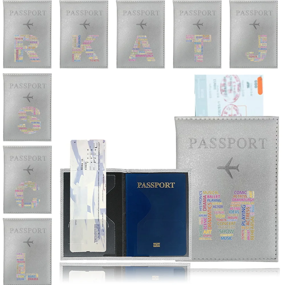 

PU Passport Holder Silver Color Travel Document Bag Passport Cover Passports Case Text Letter Prin Series Business Card Holder