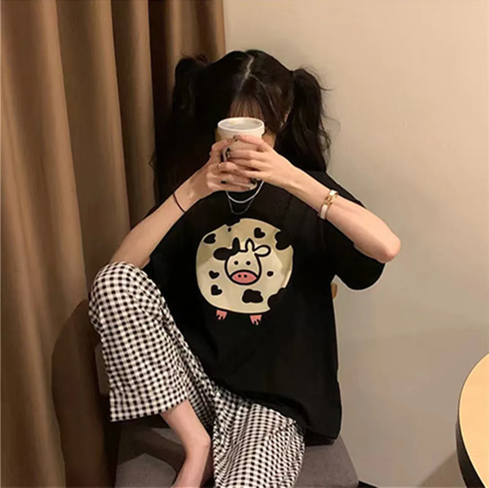 Pajamas Summer Suit Student New Short Sleeve Long Pants Plaid Loose Plus Size Korean Cartoon Loungewear Christmas Birthday Gifts