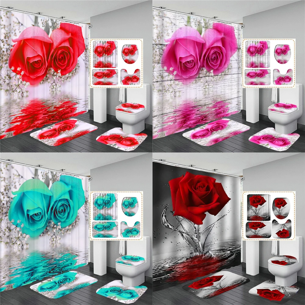 

Flower 3D Shower Curtains Set with Hooks Red Blue Rose Bath Mat Rug Waterproof Bathroom Curtain Non-slip Carpet Toilet Cover