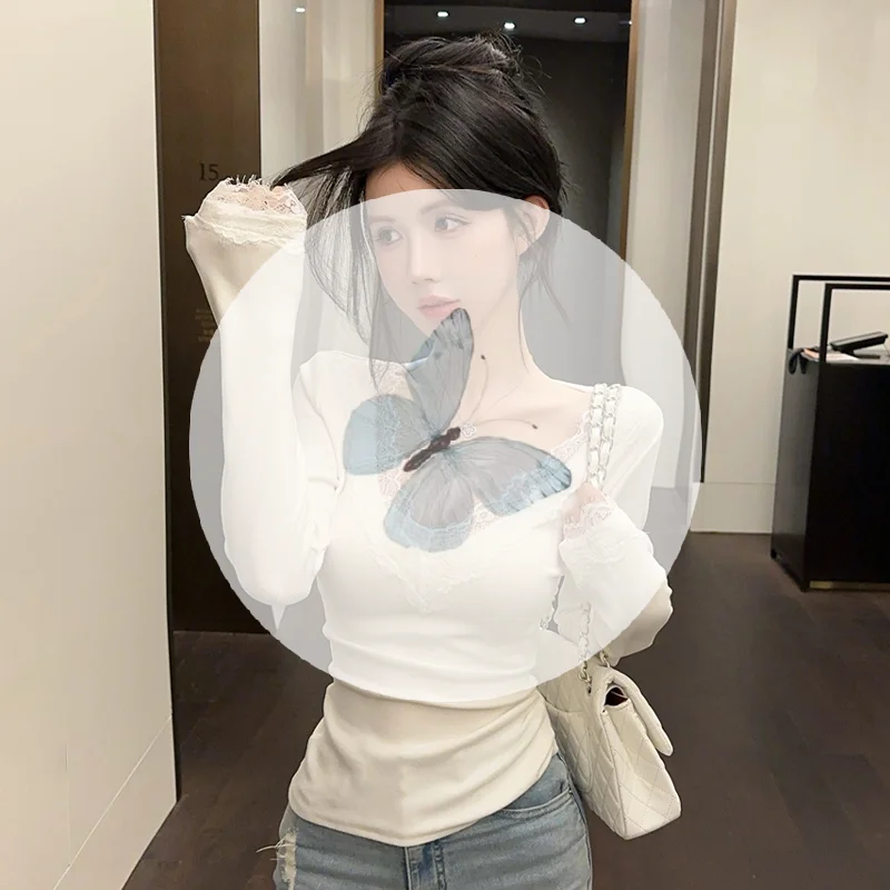 Pure Desire Spitzen-Langarm-Bottom-Shirt für Damen im Herbst im neuen Stil, High-End-Slim-Fit-Innenoberteil