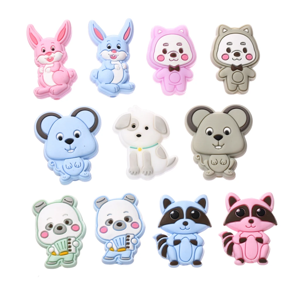 10Pcs Animal Silicone Beads Cartoon Cute Dog Mouse Bunny Teether Beads For Nursing Chew Toy Making DIY Pacifier Chain Keychain