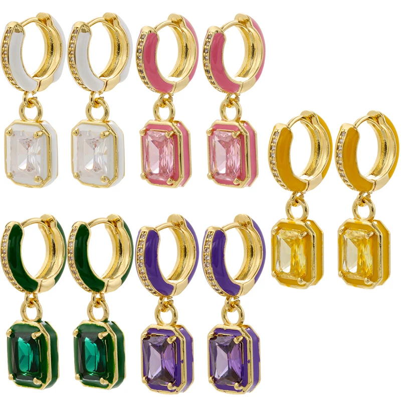ZHUKOU geometric rectangular small hoop earrings Cubic zirconia drop earrings for women enamel hoop earrings wholesale VE1234