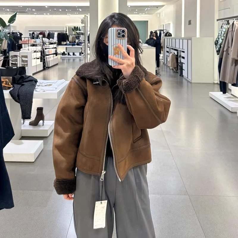 Autumn Winter New Women's Lamb Velvet Suede Marbled Fur Collar Jaet Coat Street Sle Straight Cut Regular Length Outerwear