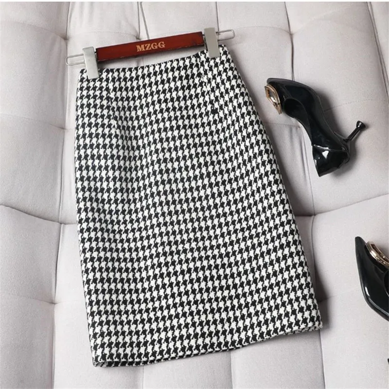 

Autumn Winter New Women's Korean fashion Plaid Midi Skirts High Waist Ladies Vintage Knee-Length Tweed One-step Skirt faldas