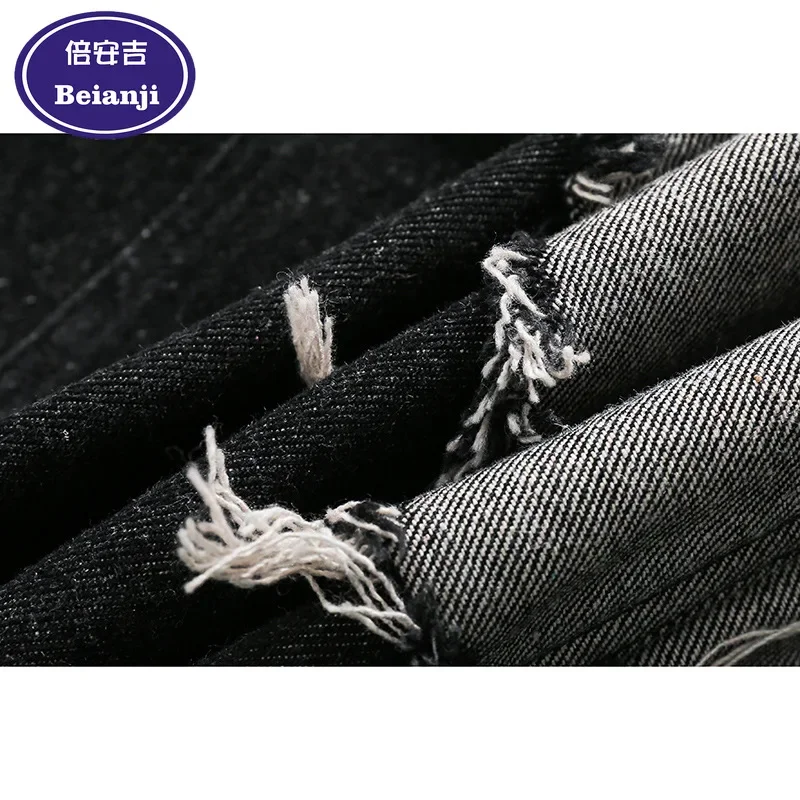 Beianji 2025 Spring New Splicing Denim Jacket Men's PatchworkCoat Long Sleeve Casual Tassel Hole Single-breasted Button Up Top