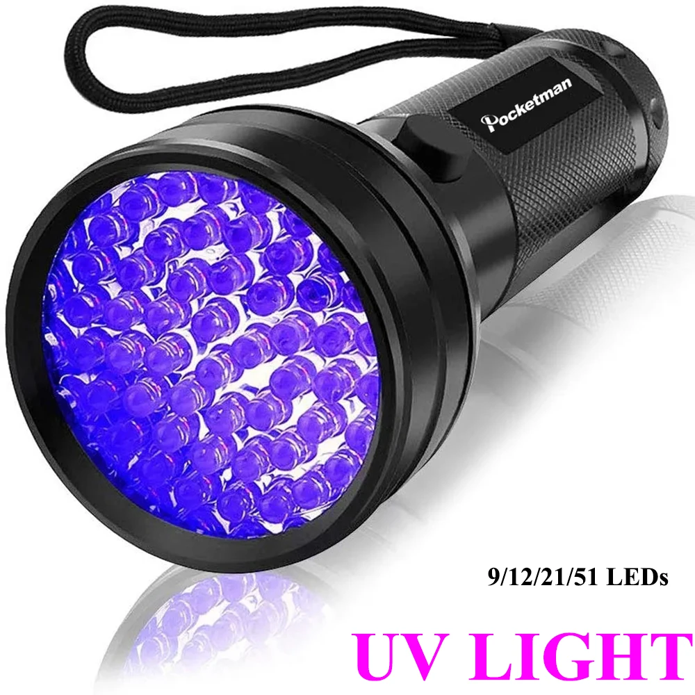 

Powerful 51LED 21LED 12LED 9LED Black Light Flashlight 395-400nm UV Flashlight UV Light Detector for Pet Urine Stain Scorpion