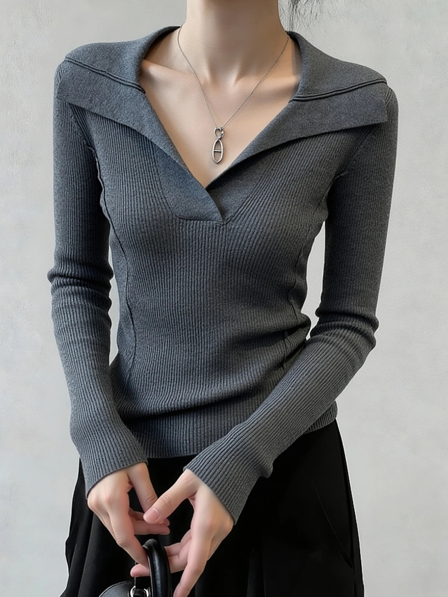 

Модная женская базовая кофта с длинным рукавом и V-образным вырезом в корейском стиле, осенне-зимняя, высококачественная, универсальная, для похудения