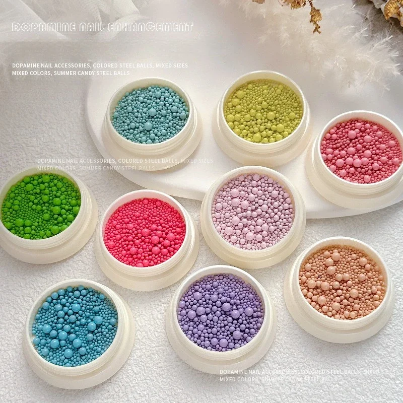 1 set 6 bottles colorful nail steel beads, dopamine macaron mixed size caviar beads set for nail art decorative ornaments