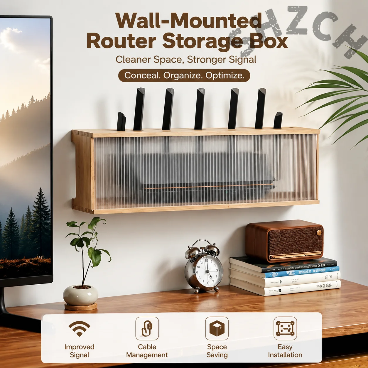 Wall-Mounted Waterproof Router Storage Box with Tempered Glass Cover for Bathroom and Living Room