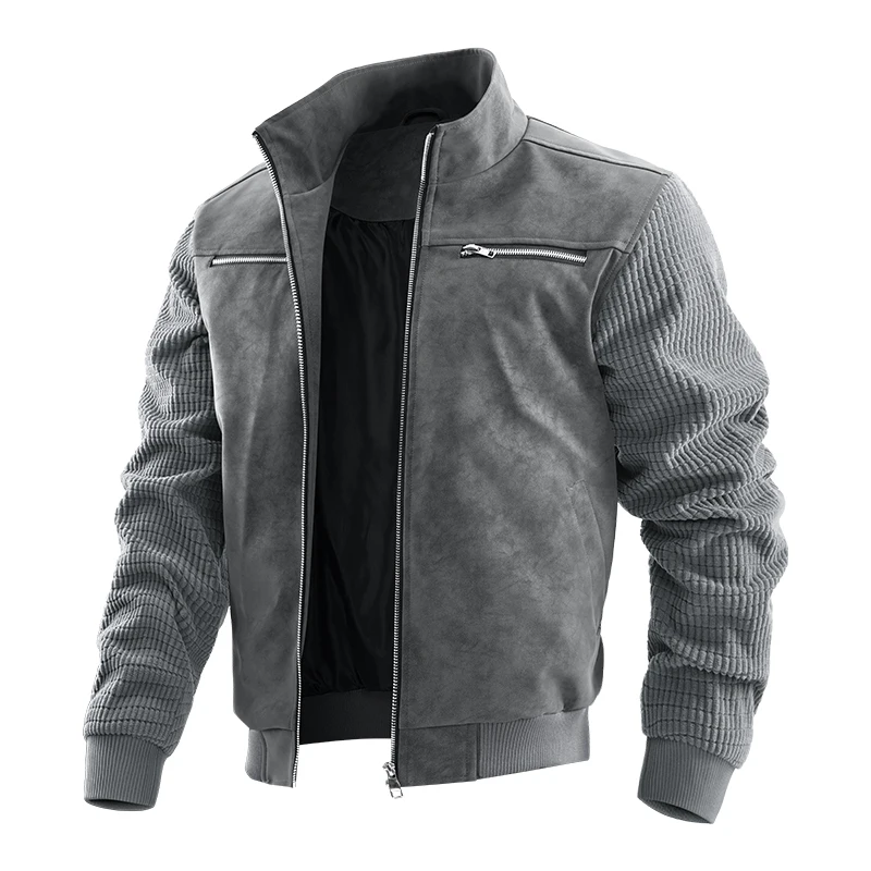 

Spring Autumn New Jacket Men American Retro Spliced Texture Stand Collar Moto Coat Handsome Versatile Trendy Classic Jackets