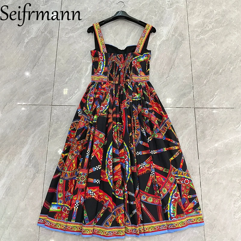 Seifrmann Casual printed cotton suspender dress square neck sleeveless waist dress 2026 autumn women's new style