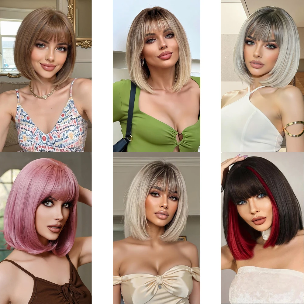 

High-Quality Gradient Color-Blocking Synthetic 10-Inch Bob Short Straight Hair Is Suitable For Women'S Daily Party Natural Wigs
