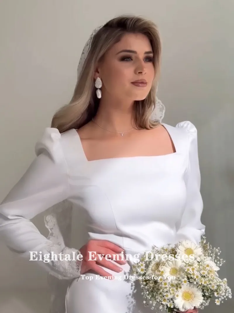 Eightale-Vestido De novia árabe De satén, manga larga, personalizado, encaje blanco marfil, sirena musulmana, Vestido De novia