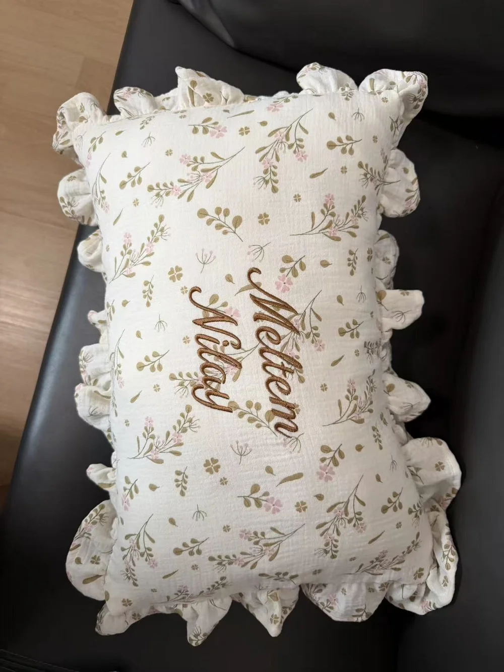 Custom Name Gauze Cotton Baby Small Pillow 45x33cm with Ruffles Kids Cushion Personalized Breathable Embroidery Bedding Pillows