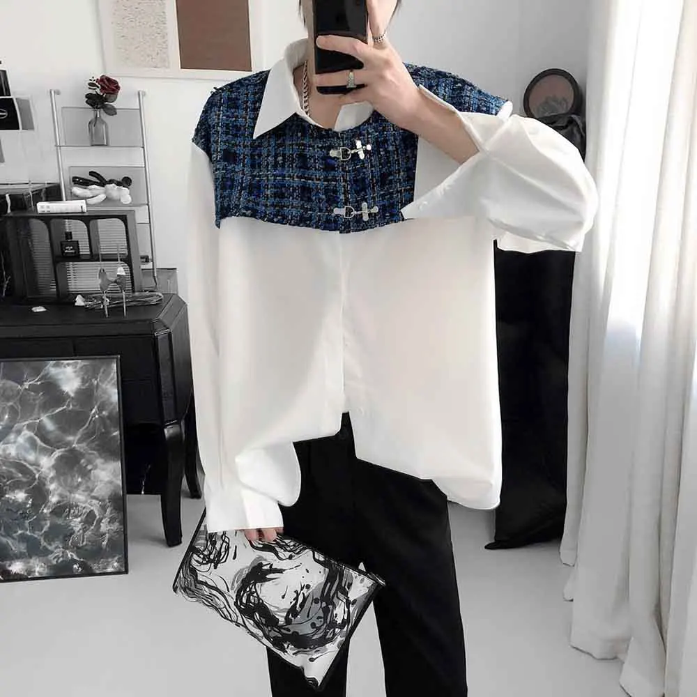 

Зимняя новая мужская лоскутная рубашка с длинными рукавами в американском стиле ретро, модные уличные повседневные свободные нишевые мужские топы 2025