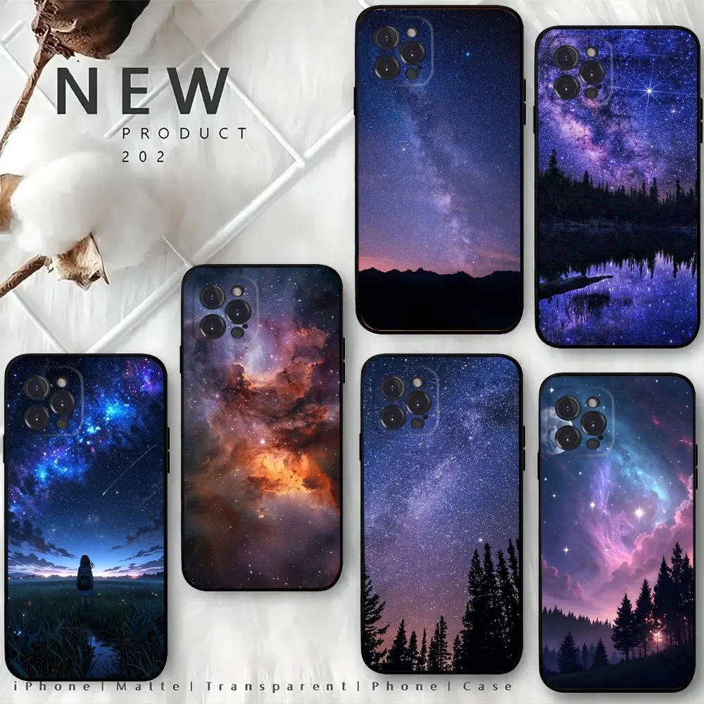 

Night Galaxys Sky Stars Space Phone Case For iPhone 16,15,14,13,12 Mini 11 Pro XR,X,XS,MAX 7,8 Plus Silicone Cover Soft Black