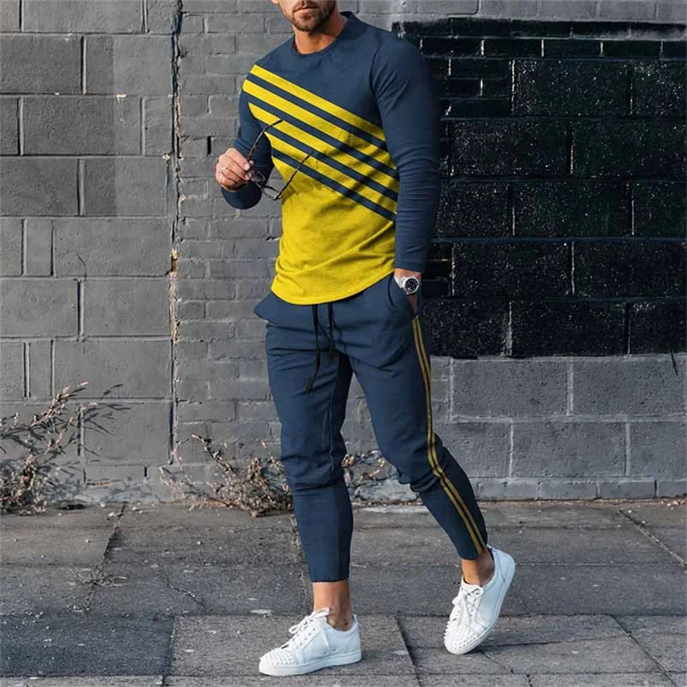 Retro Men\'s Long Sleeve T-shirt Set Sports Pants Fashion 3D Printed Casual Male Clothes Oversize Tracksuits 2 Piece Men Clothing