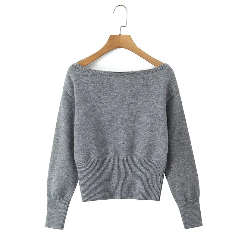 

Новый женский бежевый серый сексуальный вязаный свитер с открытыми плечами и длинным рукавом, осенний модный пуловер, топы