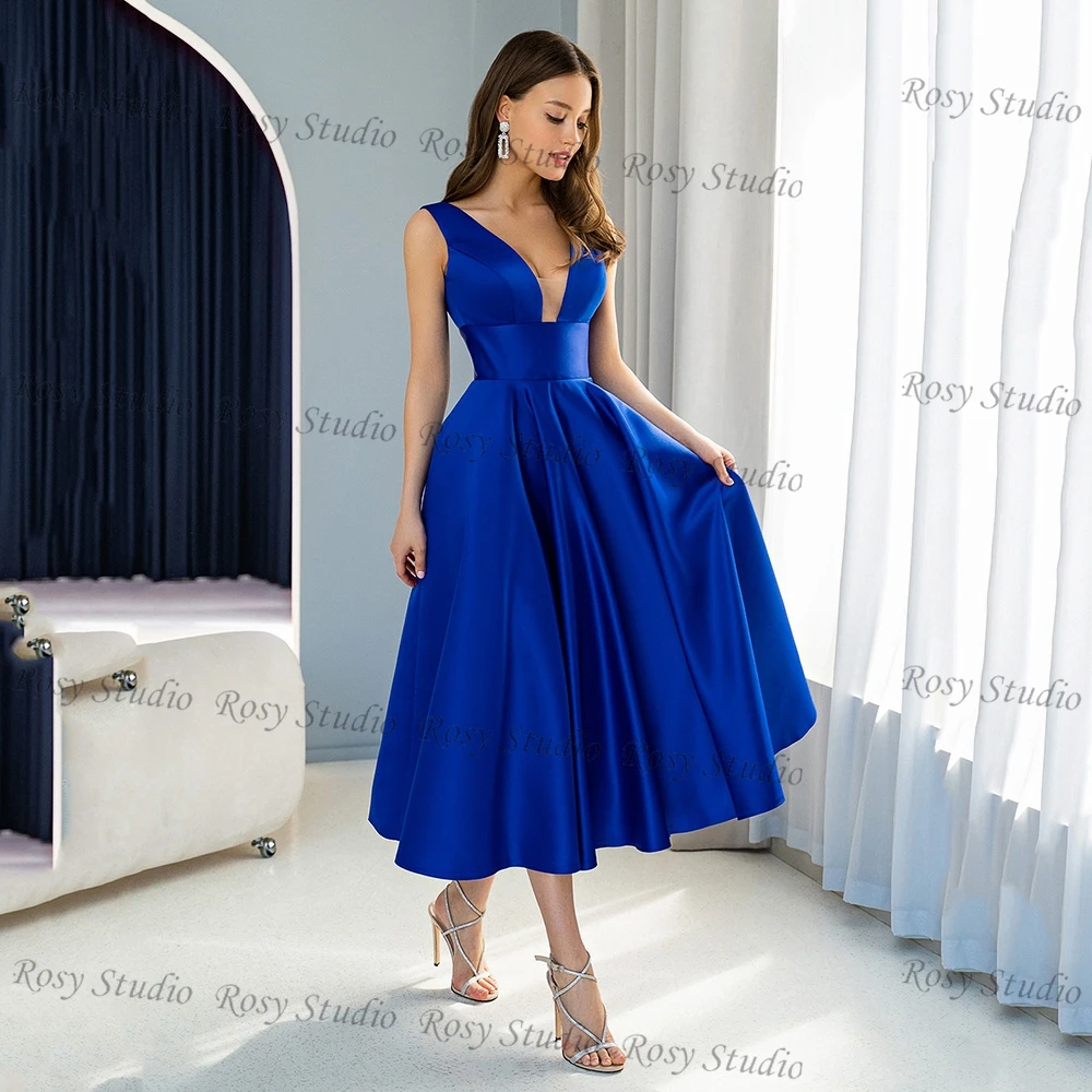 Simple Deep V-neck Royal Blue Cocktail Dresses A-line Satin Short Wedding Party Gown Tea Length Vestido de Festa