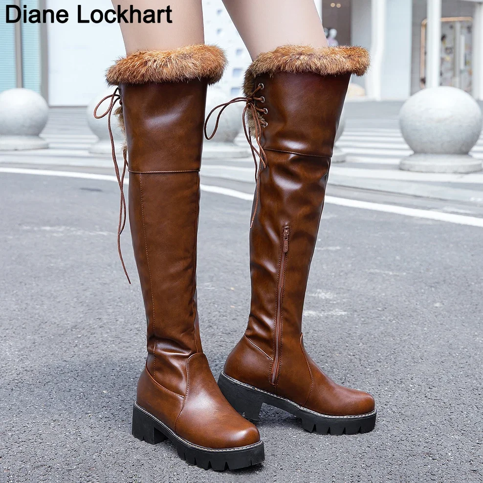 Hot Warm Snow Boots Women 2024 Winter Shoes Over Knee High Boot Ladies Fashion Low Heels Warm Fur Plush Long Boots Female Shoes