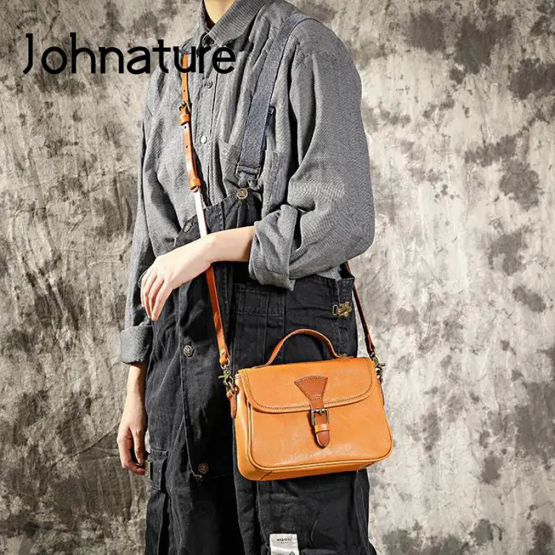 Johnature Retro Genuine Leather Women Messenger Bag Simple Solid Color Natural Soft Cowhide Versatile Shoulder & Crossbody Bags