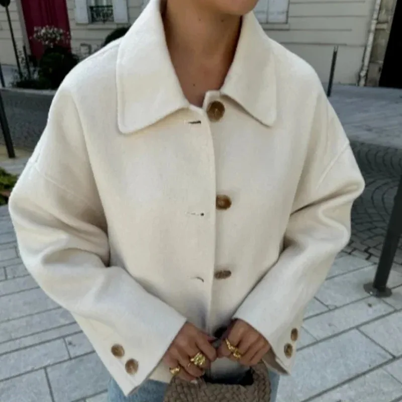 Women's Elegant Brown Lapel Collar Single Breasted Button Oversized Loose Short Woolen Coat