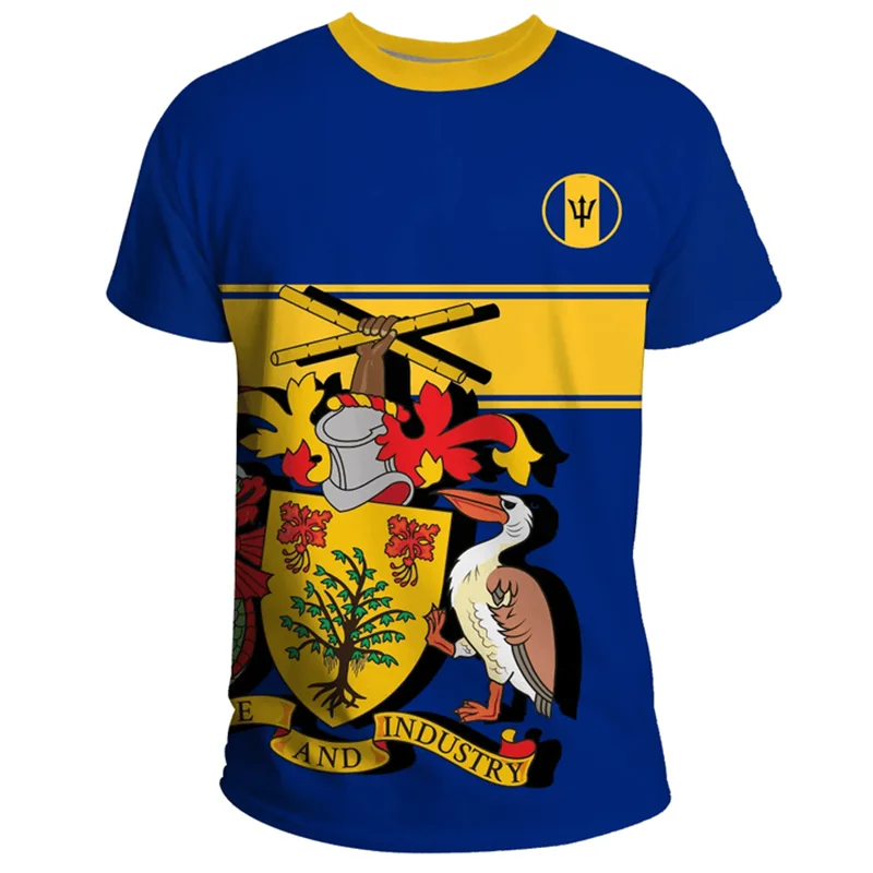 3D Barbados Ethnic Flag Map Print T Shirt Barbados Coat Of Arms Graphic Tee Shirt Fashion Streetwear Short Sleeves Mens Clothing