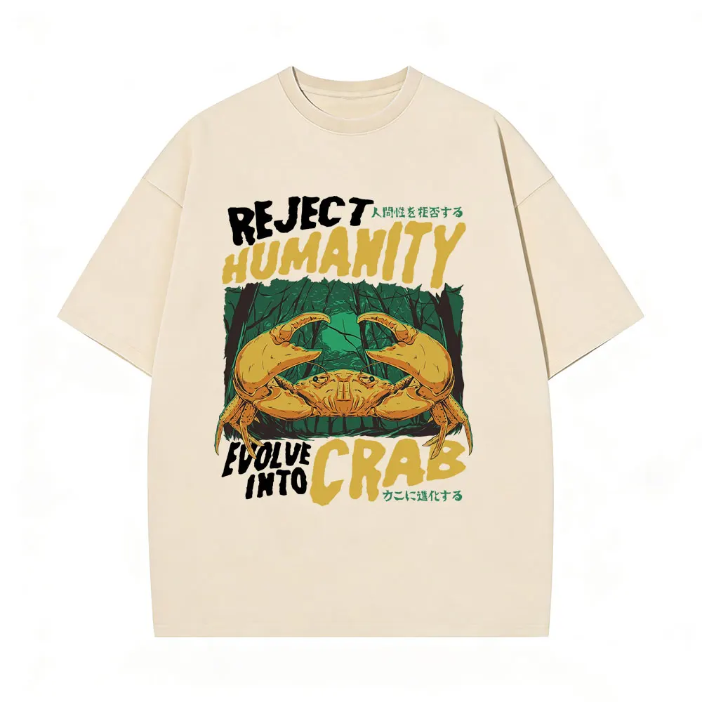 

Reject Humanity Evolve in To Crab T Shirt Funny Japanese Style Crabs Vintage Washed T-shirt Men Women Casual Oversized T-shirts