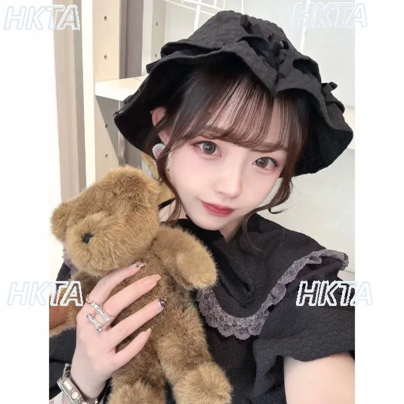 Japanese Embroidery Lace Ruffle Edge Bow Pleated Bucket Hat Female 2026 Summer New Sweet Cute Casual Sun Hat Women Beret Cap