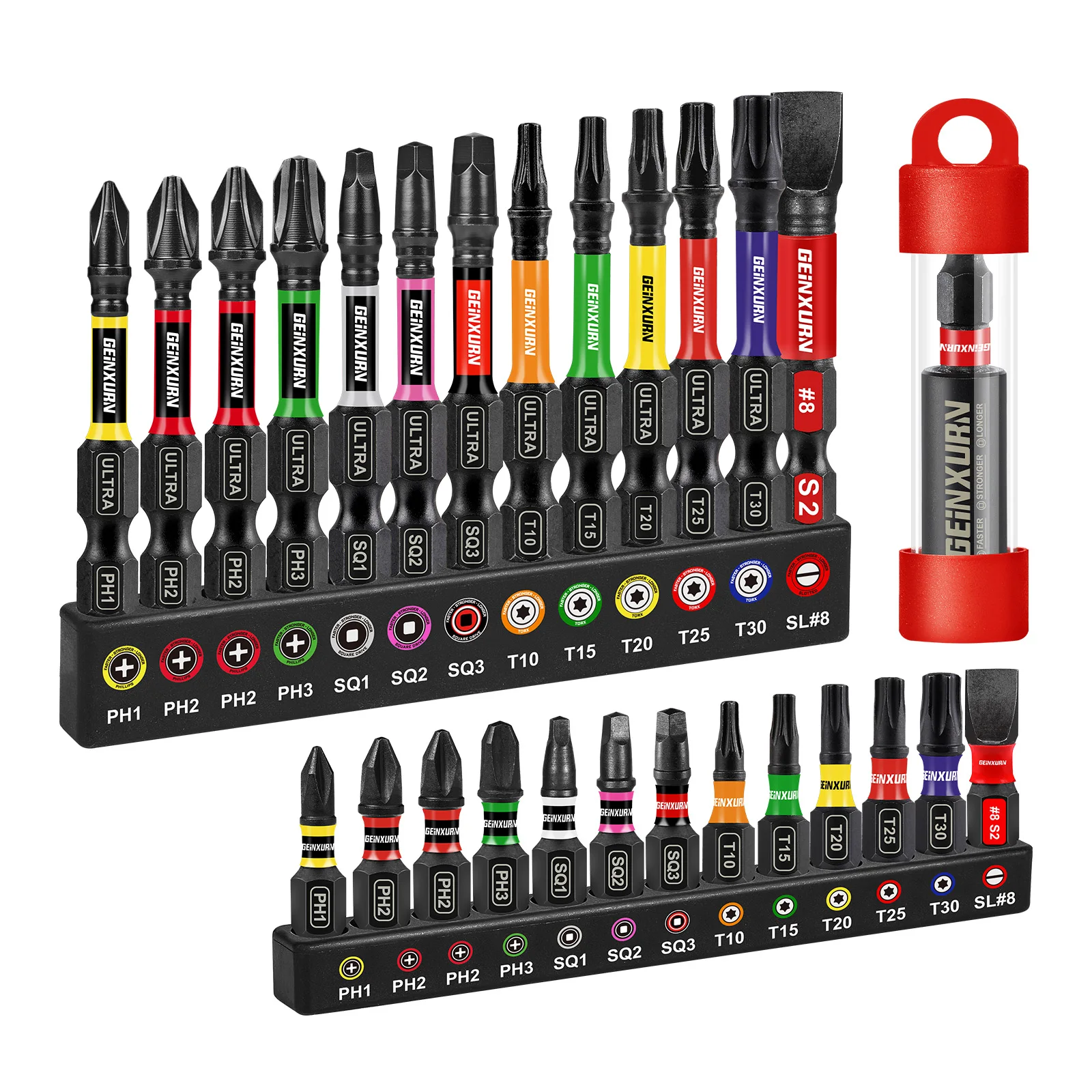 

Geinxurn 27PCS Impact Phillipes/Square/Slotted Screwdriver Bits Set, Magnetic S2 Steel Bits Set with Color Coded Base