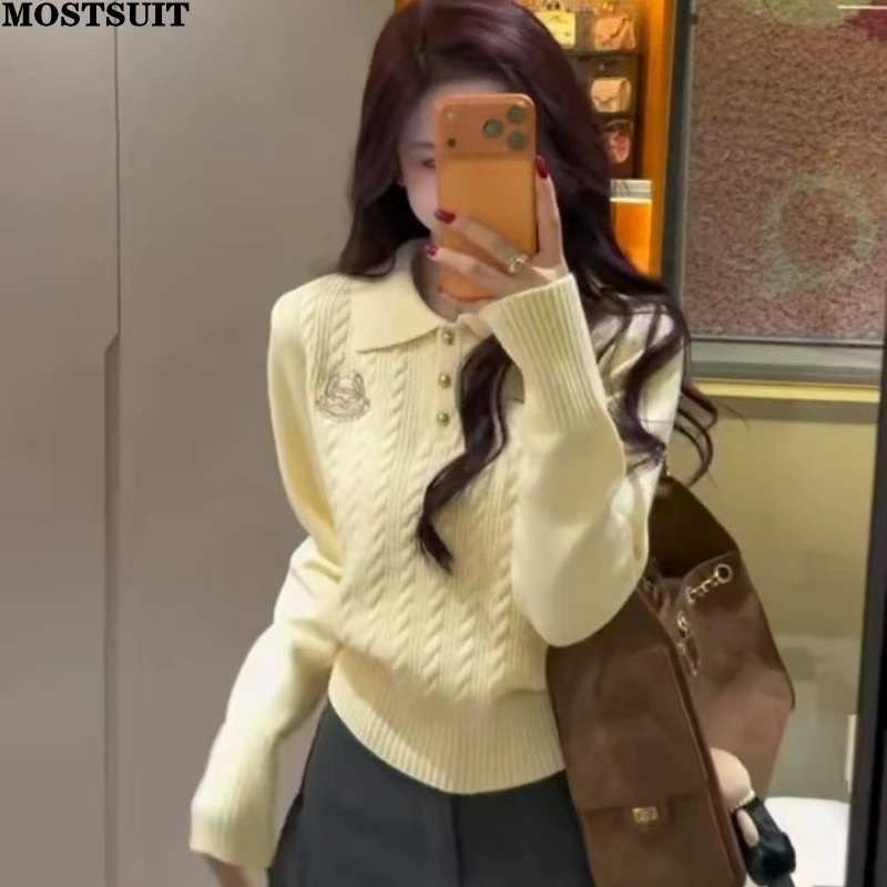 

Twisted Knit Sweater Pullover Women Embroidered Korean Fashion Ladies Tops 2026 Autumn Long Sleeve Elegant Stylish Chic Sweaters