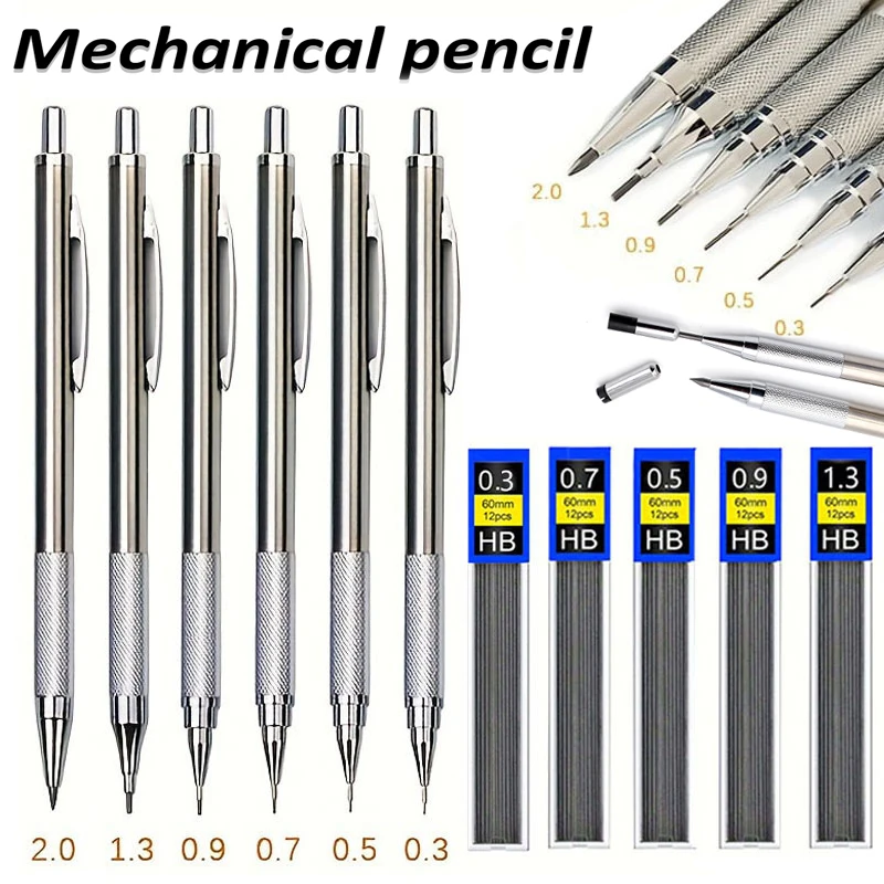 

3pcs/set 0.5/0.7/0.9/1.3/2.0mm Metal Automatic Pencil Set with Lead Refill, Anti Slip Mechanical Pencil School Writing Supplies