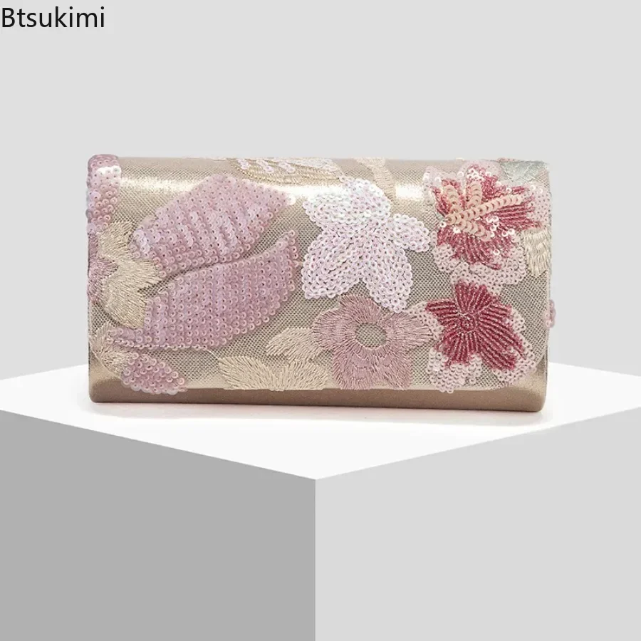 New Women's Floral Pattern Clutch Fashion Retro Sequin Embroidery Chain Shoulder Bags Elegant Evening Bag Exquisite Envelope Bag