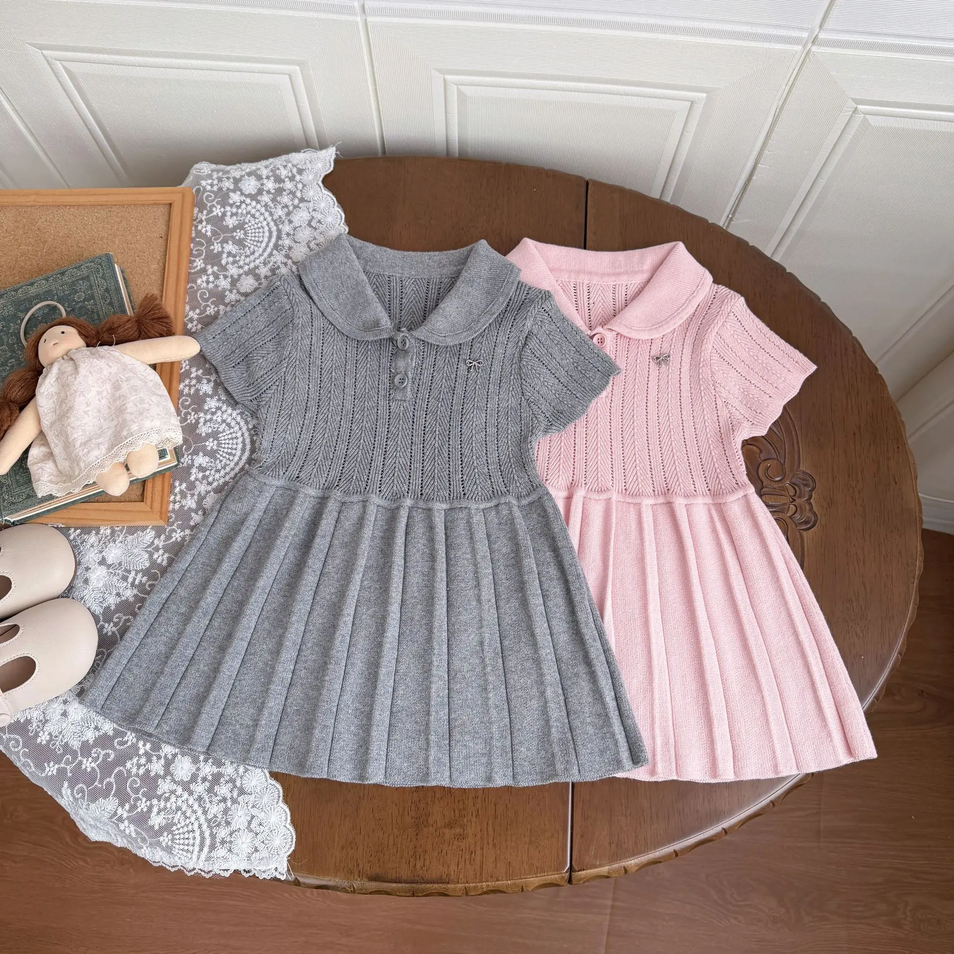 1-5Y Summer Baby Girl Knitted Dress Preppy Style Peter Pan Collar  Short Sleeve Pleated Casual Kids Dresses for Girls