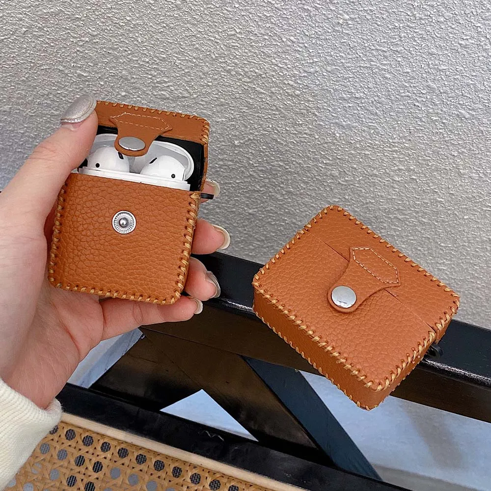 Solid Color Leather Bluetooth Earphone Case with Button Anti-lost Bag For Apple Airpods 1 2 3 Pro Protective Box Airpod Cover