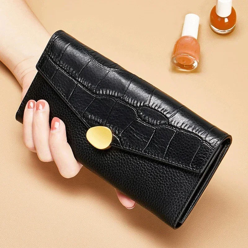 Genuine Leather Wallets	for Women Luxury	Designer	RFID Card Holder Purses Women's Long Folding Wallet with Zip Coin Pocket