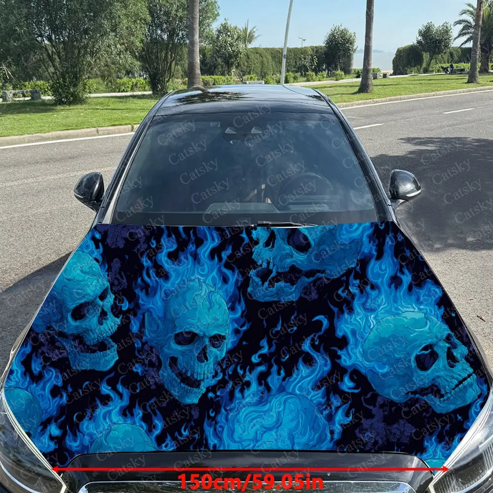 Car Decal Blue Flaming Multi-Skull with Artistic Element in Dark Gothic Design, Creating a Bold and Dynamic Visual Car Hood Stic
