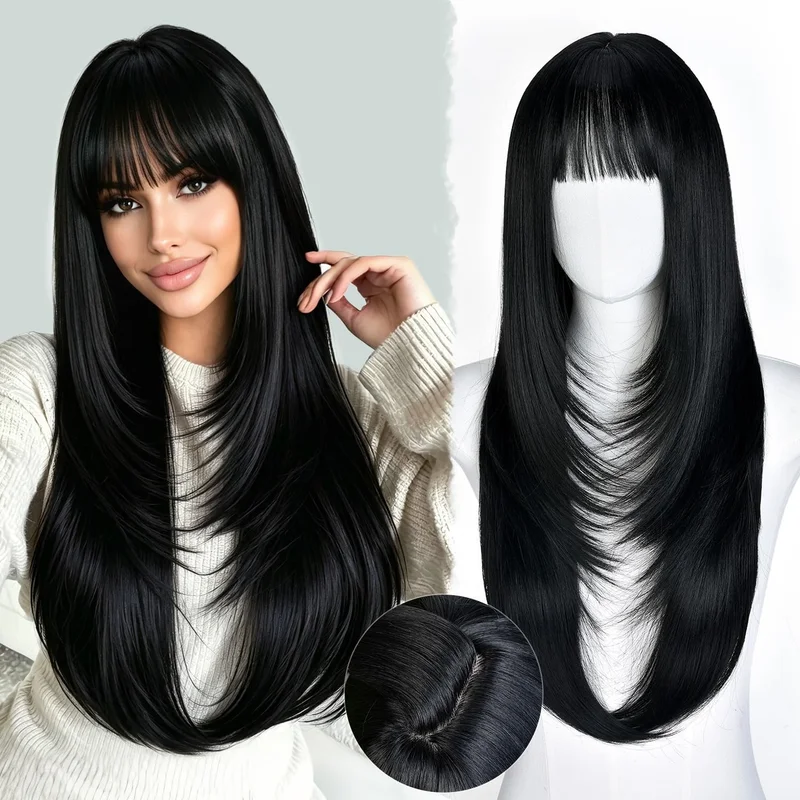 Black Wig with Bangs for Women Long Black Wig Realistic Scalp Layered Wig Rea...