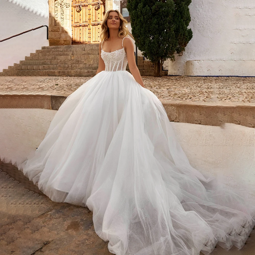 Personalizzato a-line Sweetheart Spaghetti Strap senza maniche Glitter Tull abito da sposa indietro Lace Up abito da sposa vestidos de novia