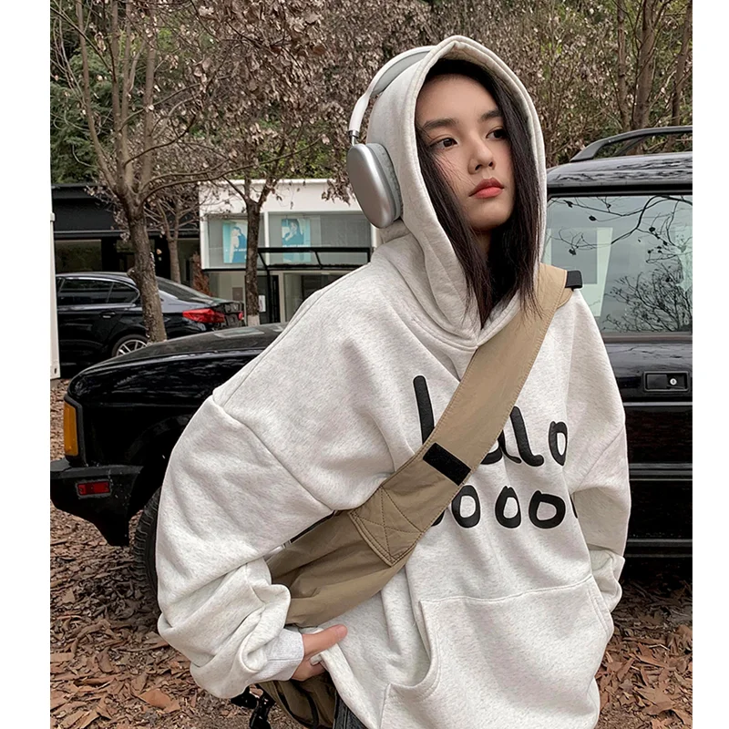 Womens Clothing Vintage Street Sweatshirt Y2K Letter Pullover Hoodie Long Sleeves Casual Warm Oversize Baggy Ladies Tops Autumn