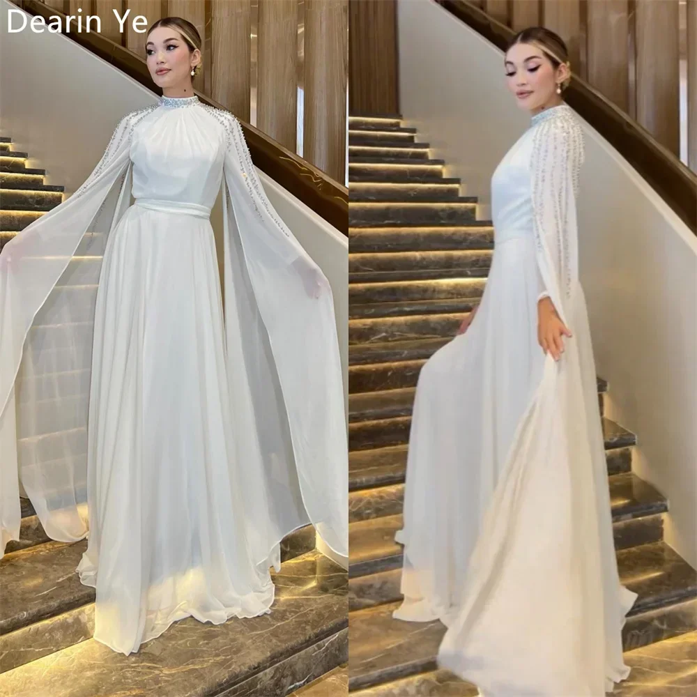 

Prom Gown Formal Dearin High Collar A-line Floor Length Skirts Layered Draped Tulle Beading Bespoke Occasion Dresses Saudi Arabi