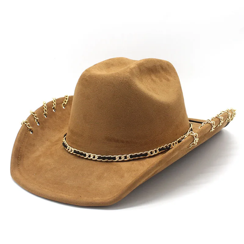 Trendiger Western-Cowboyhut für Männer und Frauen mit Metallkette, breiter Krempe, Wildleder-Visier, modische Jazz-Kappe – Detail 3