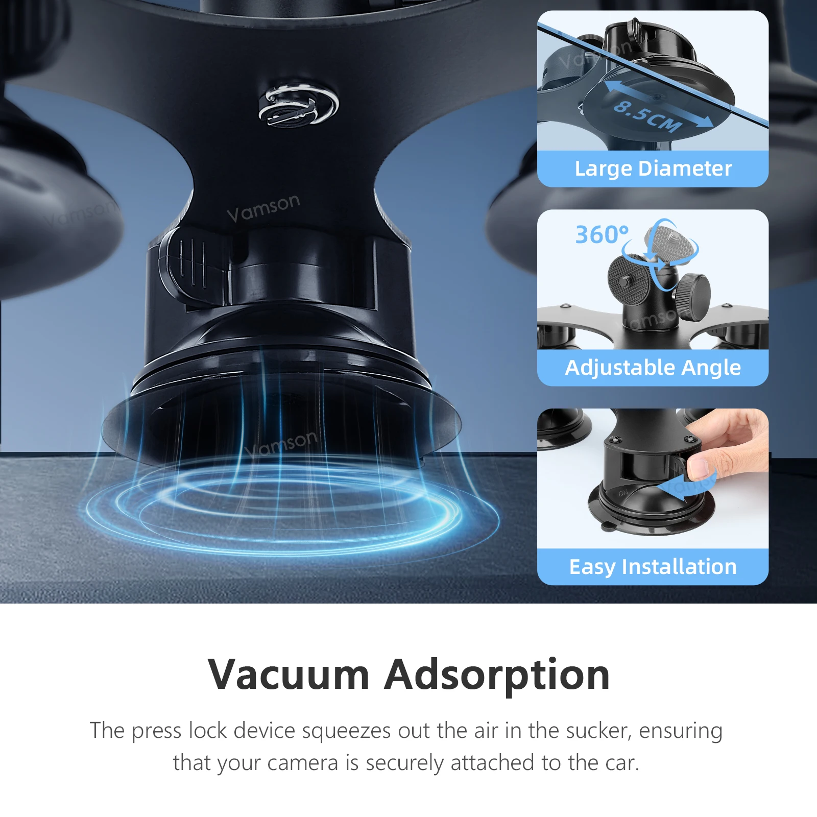 Vamson for Insta360 X4 X3 One X2 Car Suction Cup Holder with Invisible Selfie Stick Adapter for GoPro Hero 12 11 10 Accessories