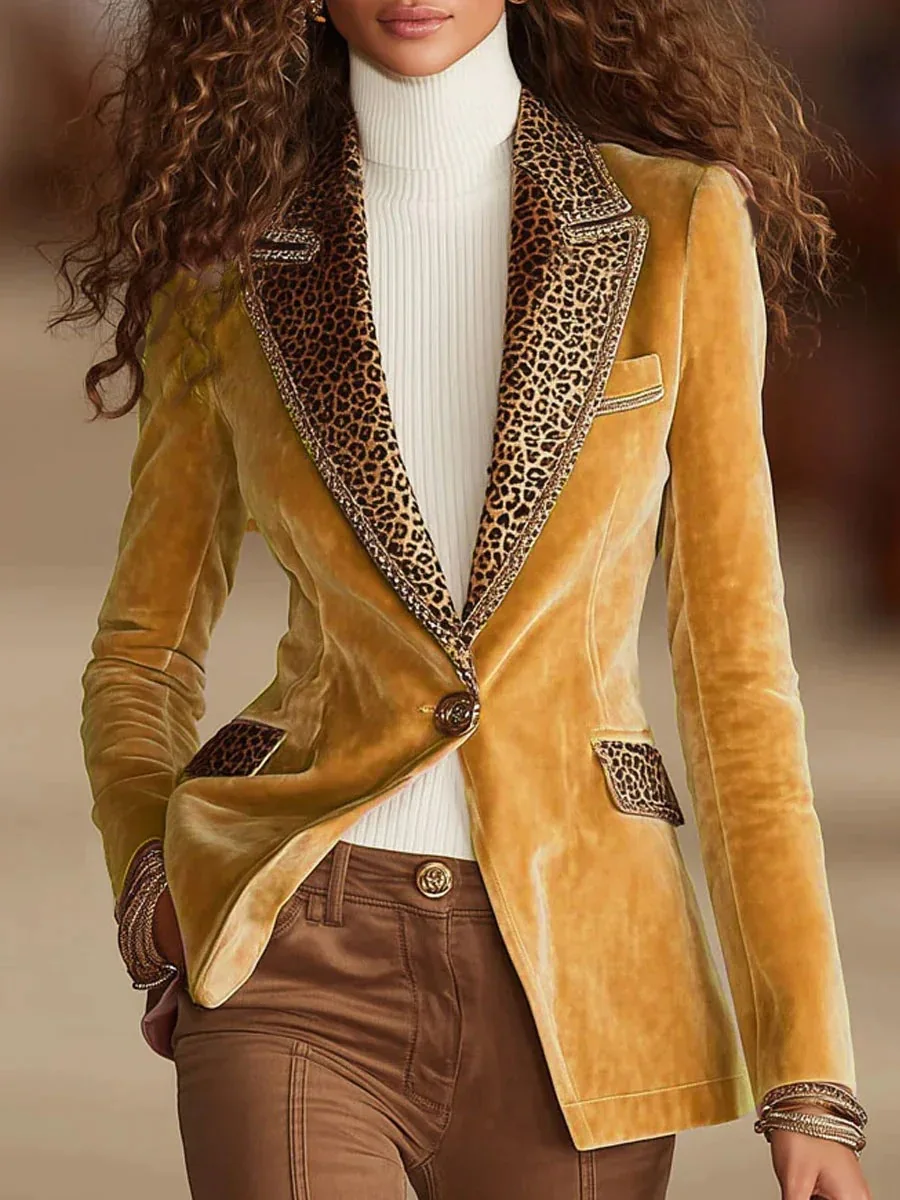 Patchwork Leopard Printing Blazers Velvet Slim Women's Jacket Single Button Long Sleeve Cardigans Spring Office Lady Elegant Top
