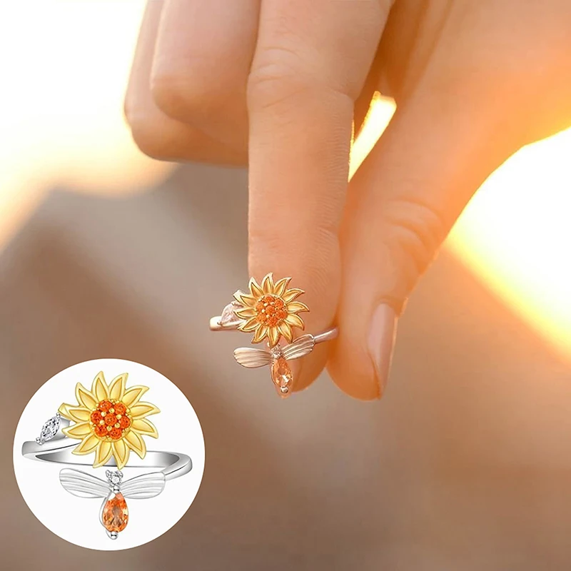 Opening Adjustable Spinning Sunflower Bee Release Stress Ring Rotatable Zircon Copper Finger Ring For Women Fashion Jewelry