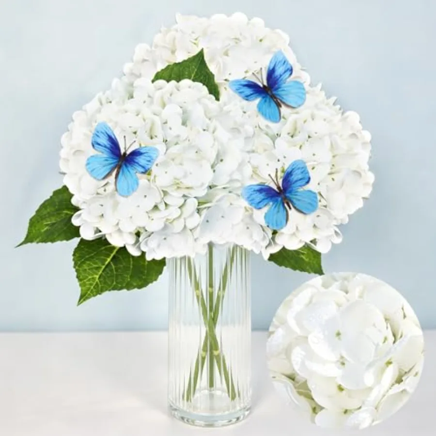 

3 Pcs Artificial Flowers Hydrangea, 21in White Latex Real Touch Hydrangeas with 3Pcs Butterfly Decor for Home Decoration, Party